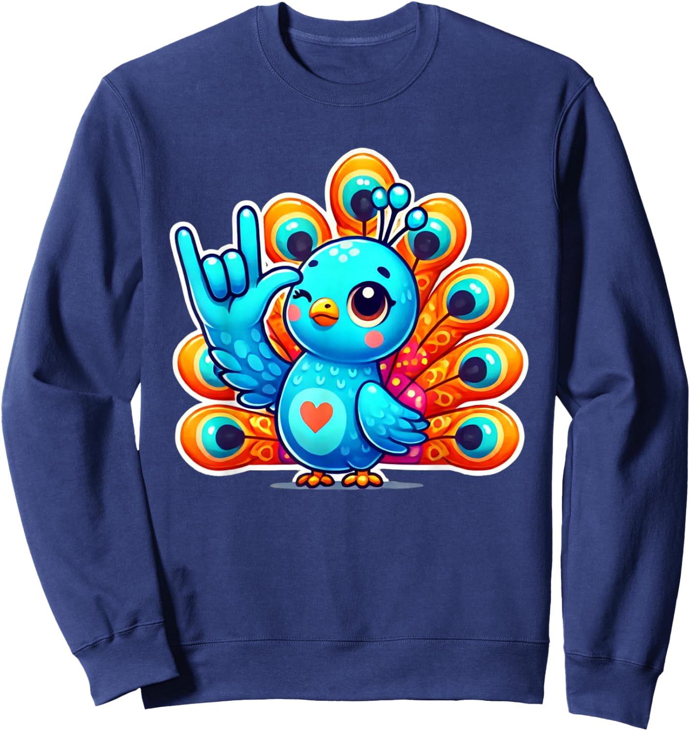 Cute Peacock Bird Love You Hand Sign Language ASL Sweatshirt - Sweatshirt | Navy