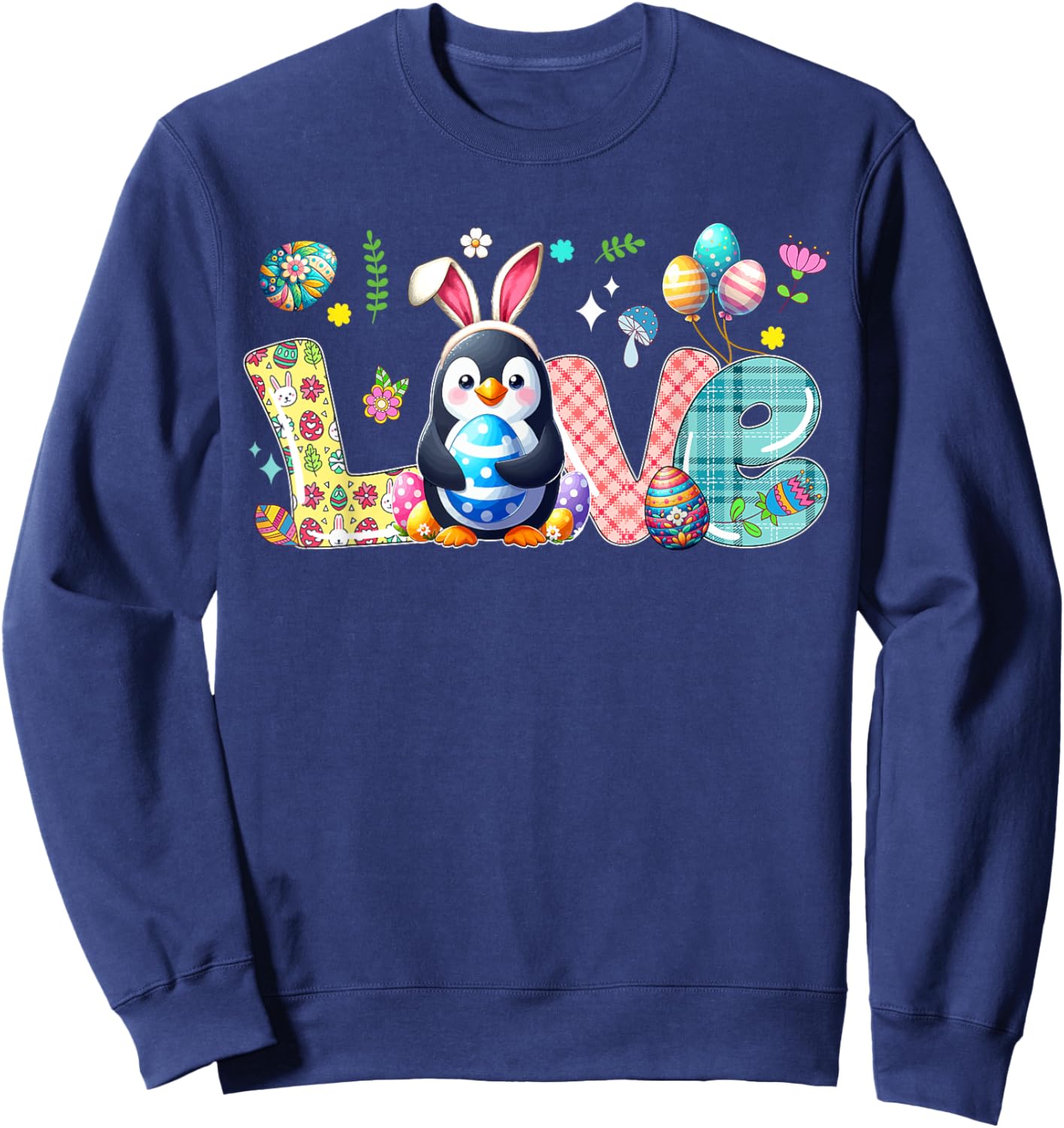 Love Easter Bunny Penguin Hunting Eggs Flowers Colourful Sweatshirt - Sweatshirt | Navy
