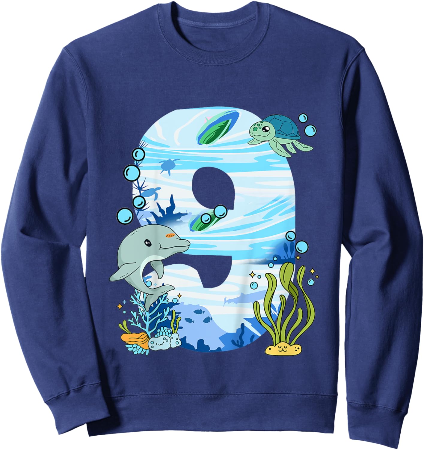 Underwater 9 Years Old - Dolphin And Turtle 9th Birthday Sweatshirt - Sweatshirt | Navy