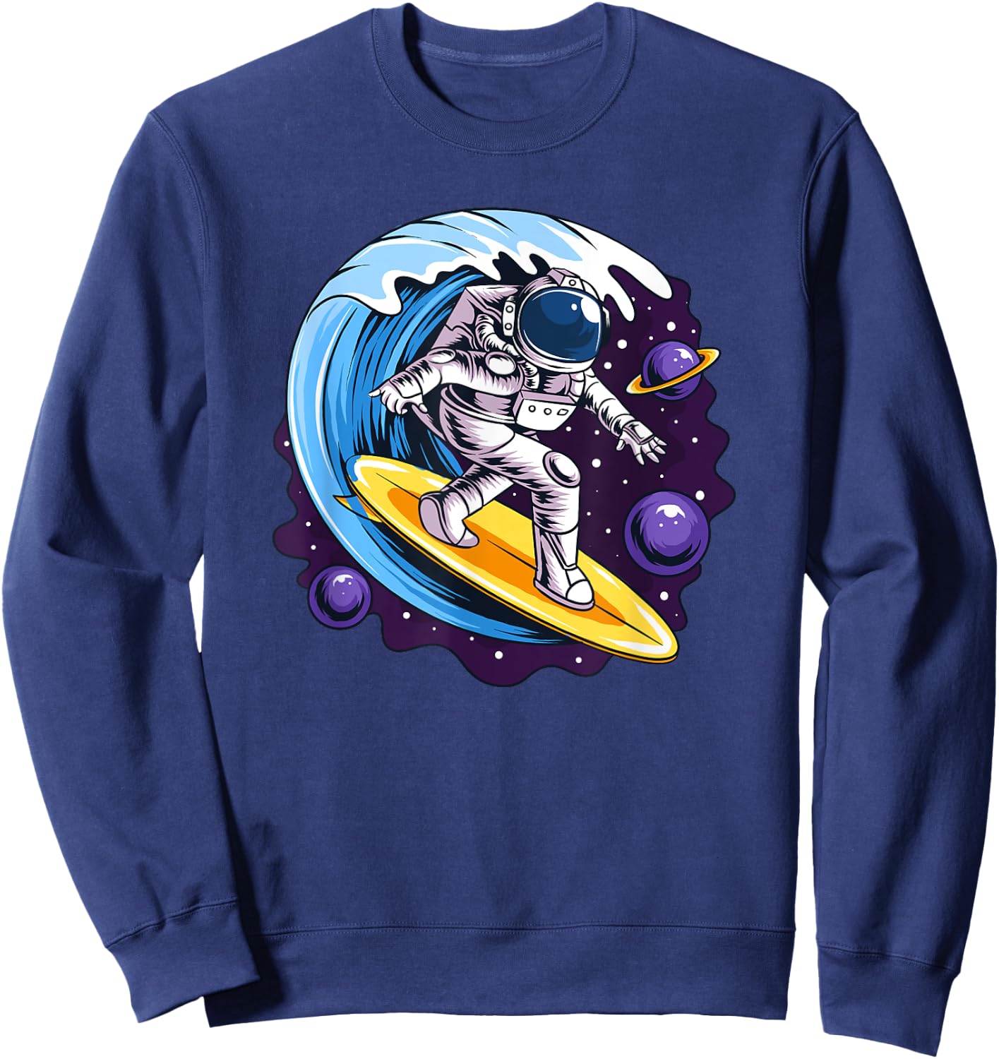 Astronauts Surf On A Surfboard In Space With Stars Planets Sweatshirt - Sweatshirt | Navy