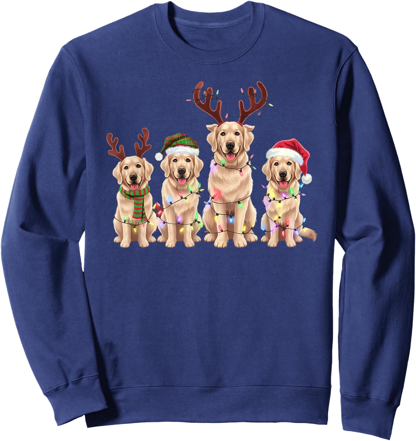 Threadrock -Adults Golden Retrievers Christmas Lights Reindeer Antlers Holiday - Black, Small, Short Sleeve Sweatshirt - Sweatshirt | Navy