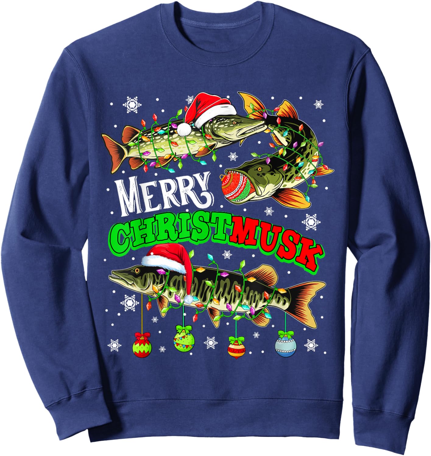 Merry Christmas Musky Three Santa Muskies Fisher Fishing Sweatshirt - Sweatshirt | Navy