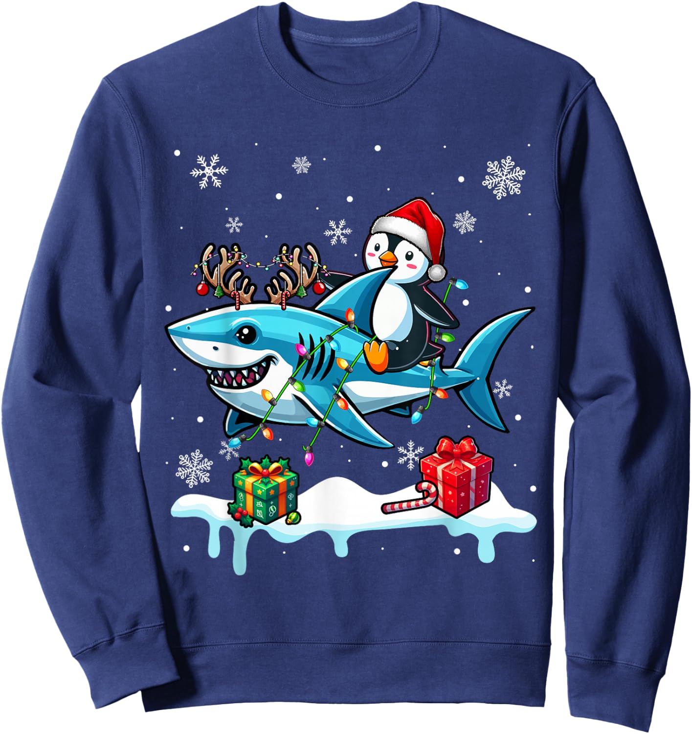 Christmas Santa Penguin Riding Reindeer Shark Lover Kids Sweatshirt - Sweatshirt | Navy