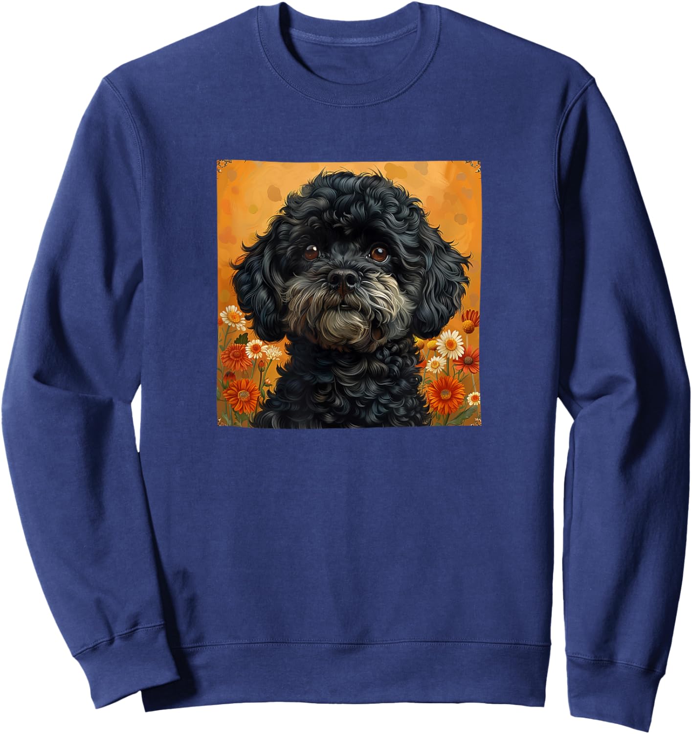 Black Poodle With Flowers Around Boho Style Graphic Sweatshirt - Sweatshirt | Navy