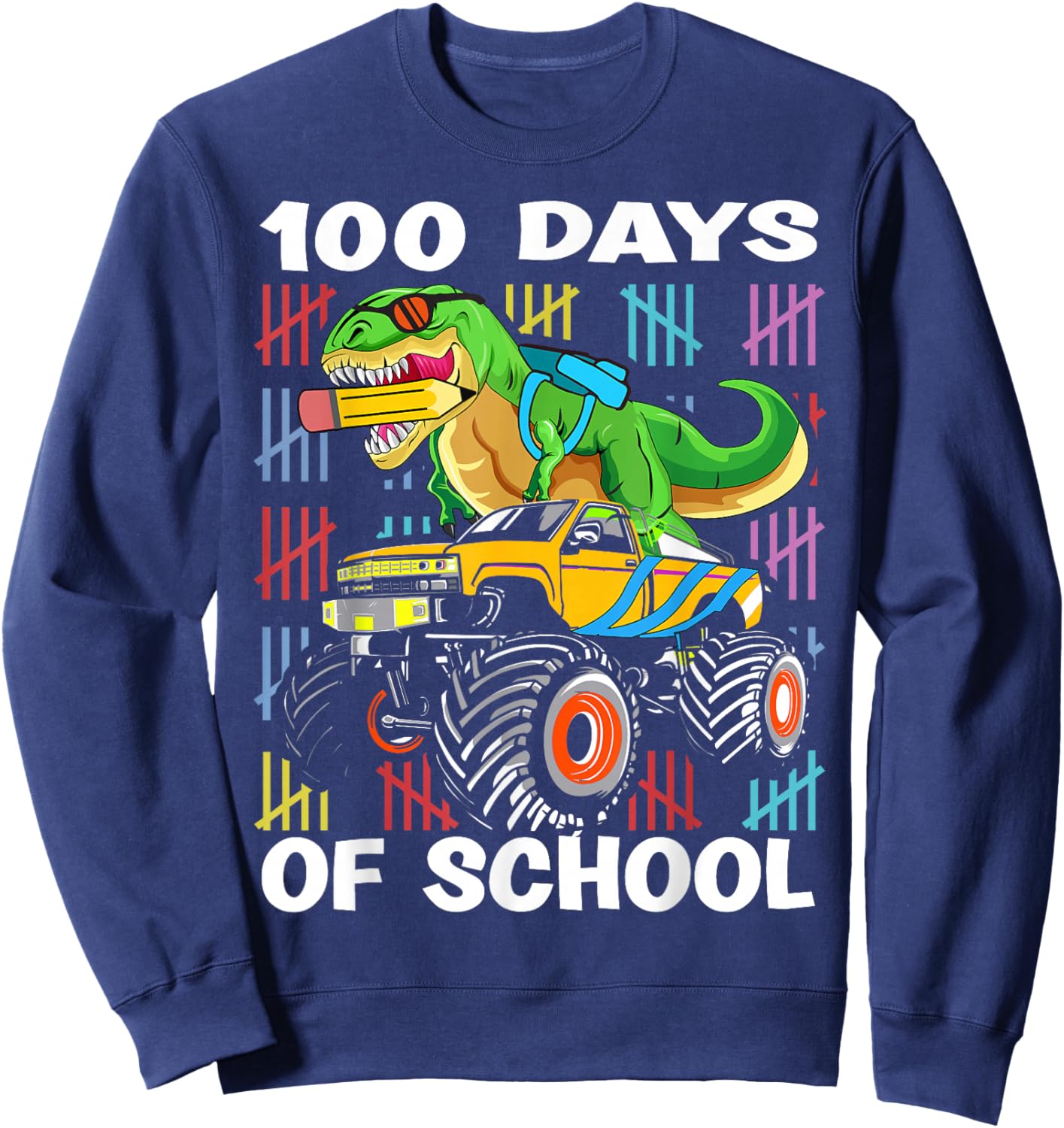 100th Day of School 100 Days School Truck Dinosaur Boys Kids Sweatshirt - Sweatshirt | Navy