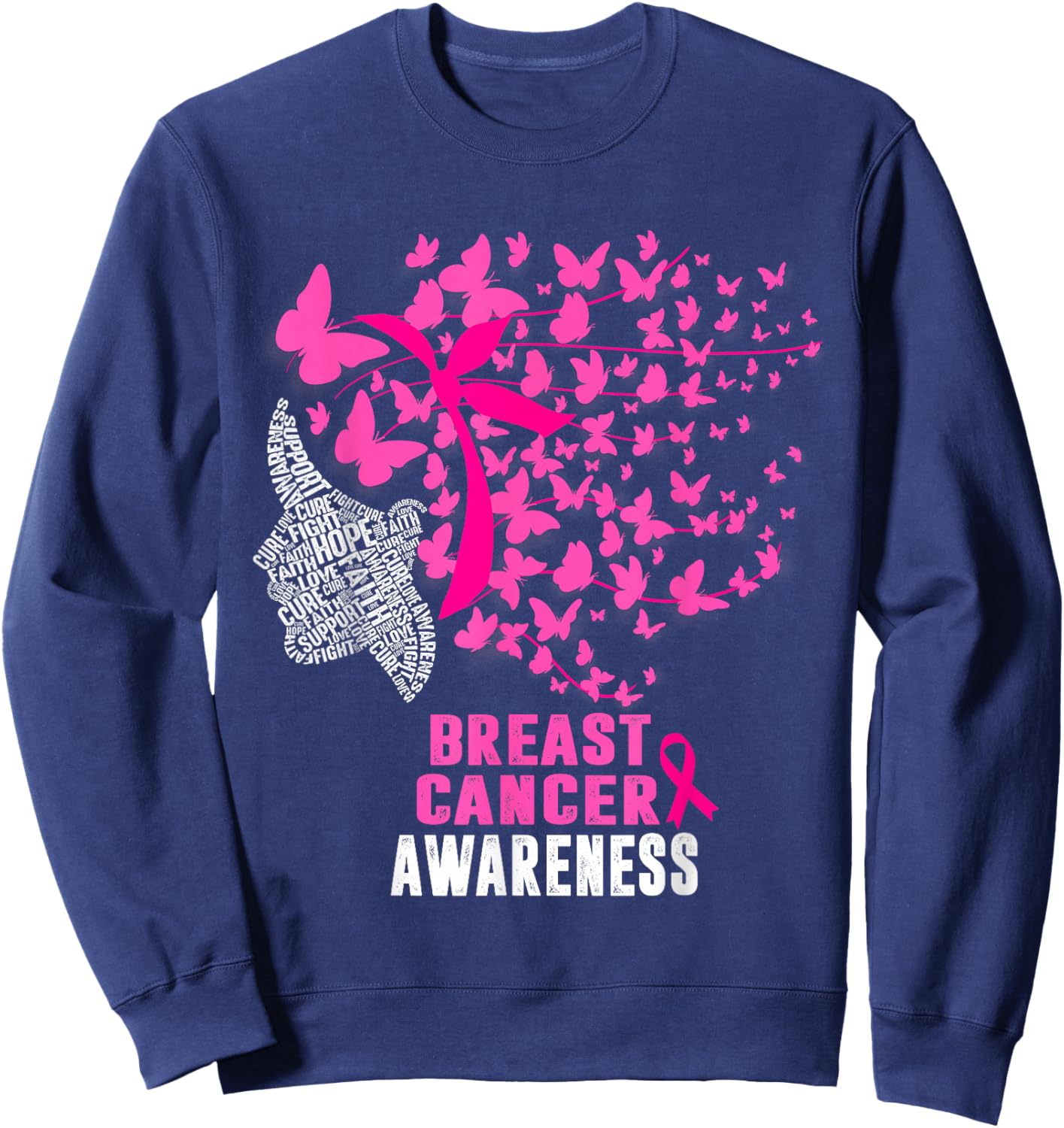 Breast Cancer Awareness Butterfly Pink Ribbon Support Sweatshirt - Sweatshirt | Navy