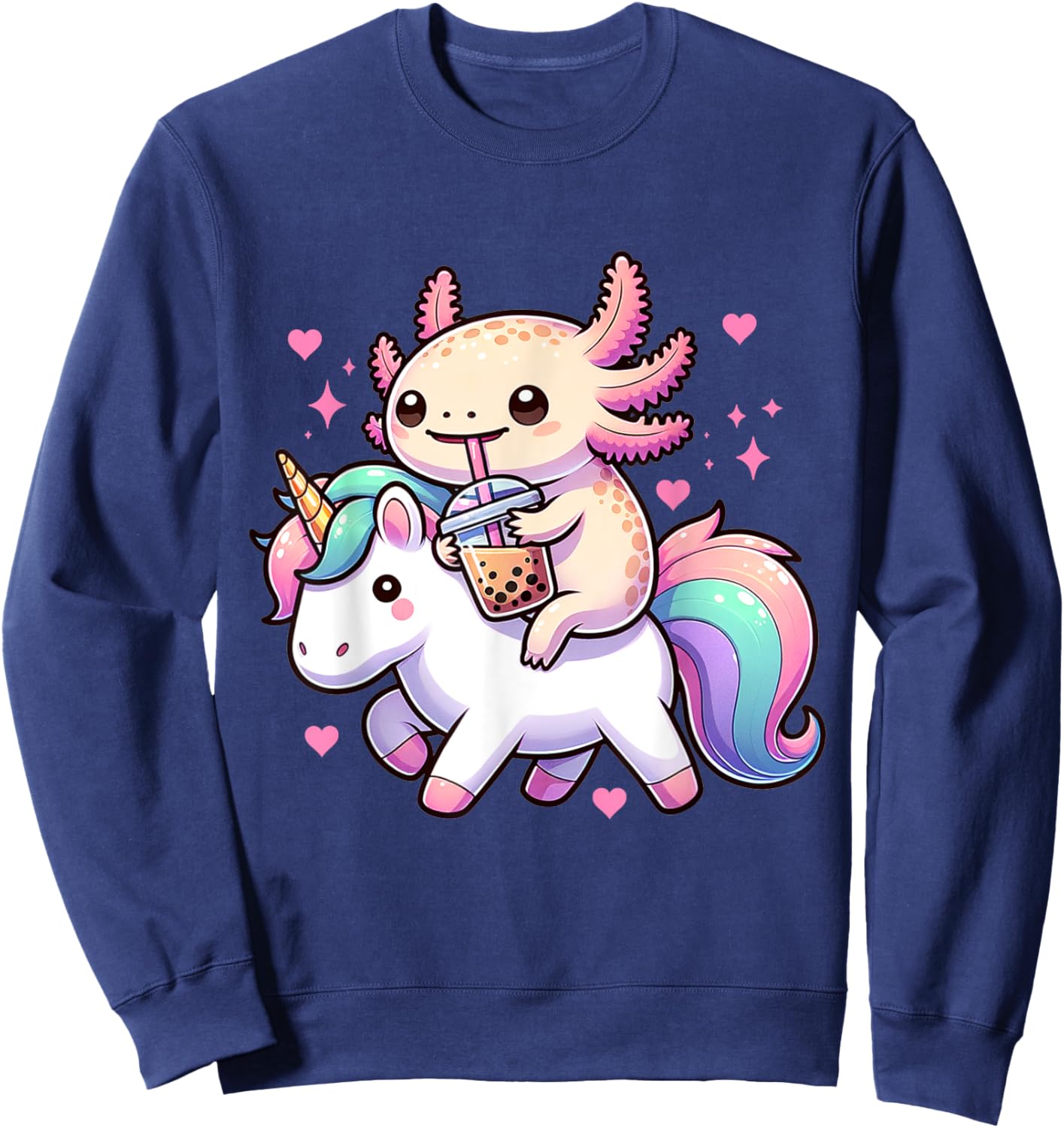 Cute Anime Kawaii Axolotl Riding A Unicorn And Drinking Boba Sweatshirt - Sweatshirt | Navy