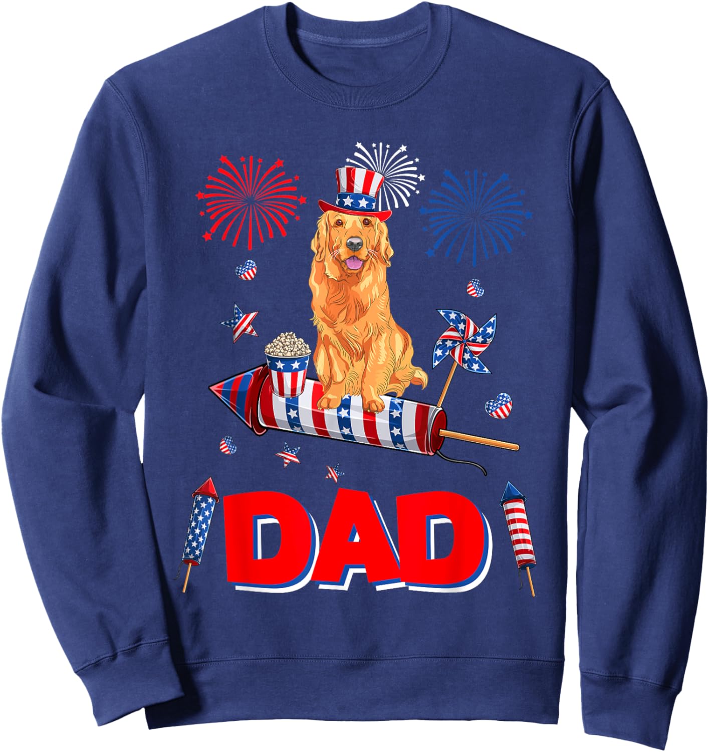 Dad Cute Golden Retriever 4th July American Flag Fireworks Sweatshirt - Sweatshirt | Navy