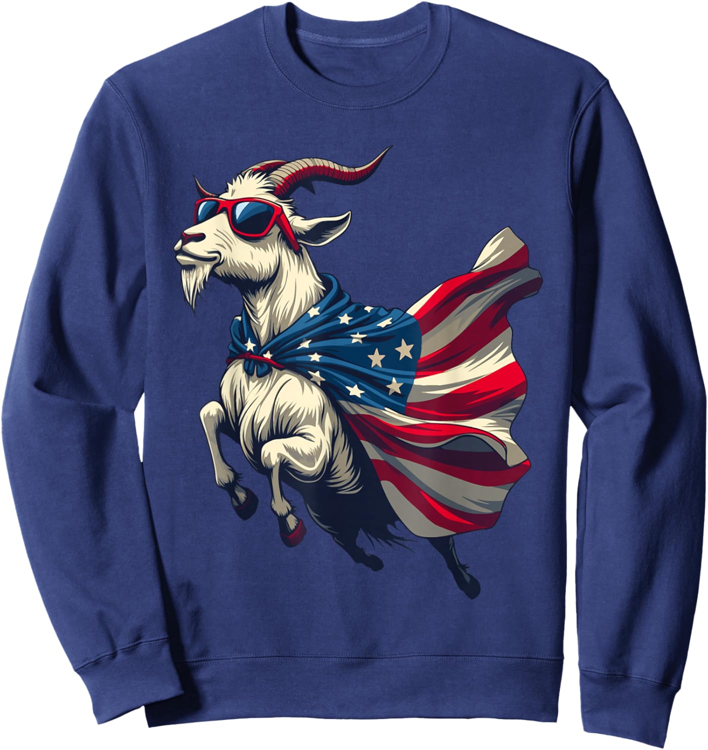 Cool Patriotic Goat in American Flag Cape with Sunglasses Sweatshirt - Sweatshirt | Navy