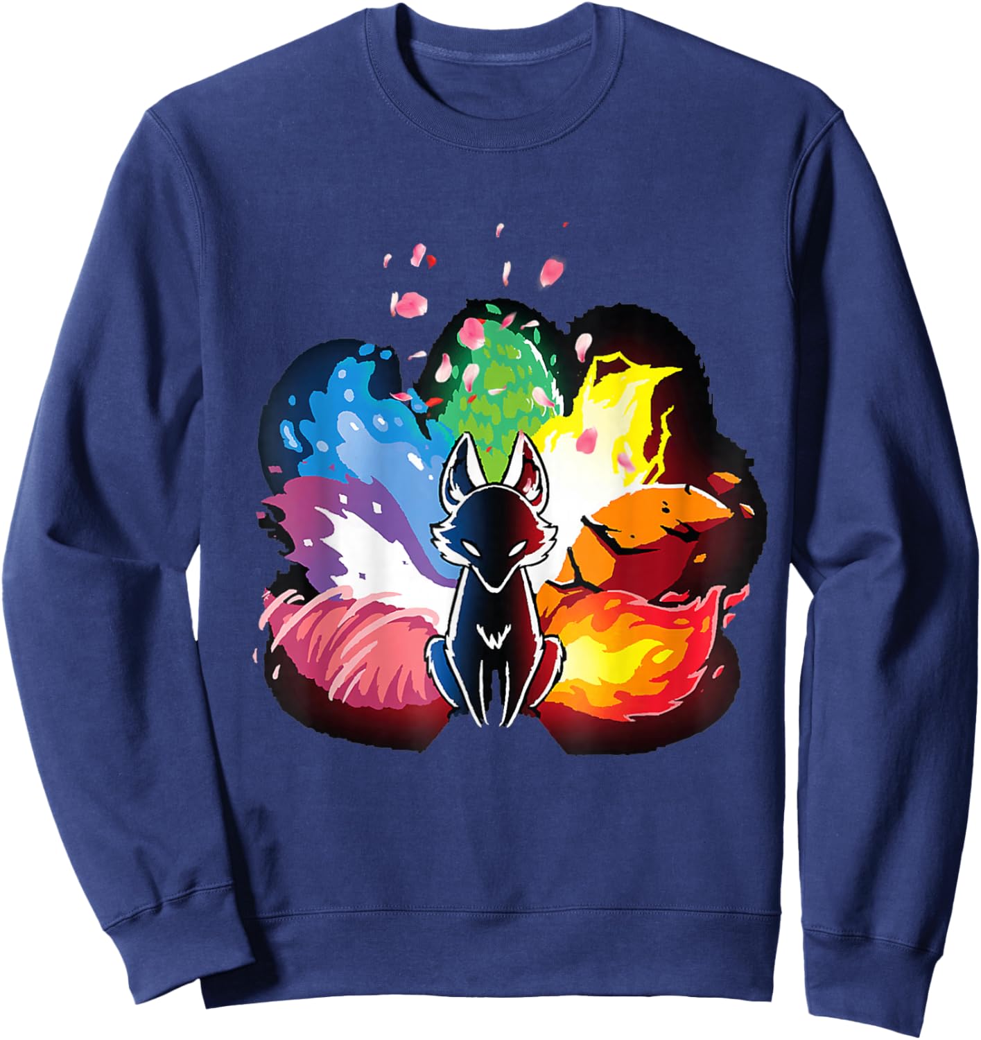 Japanese Fox Kitsune Seven Elements Cherry Flower Blossom Sweatshirt - Sweatshirt | Navy