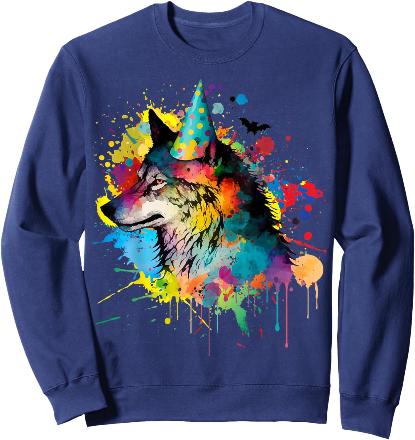 Wolf Birthday Hat Themed Party Wolves Painting Wolf Lover Sweatshirt - Sweatshirt | Navy