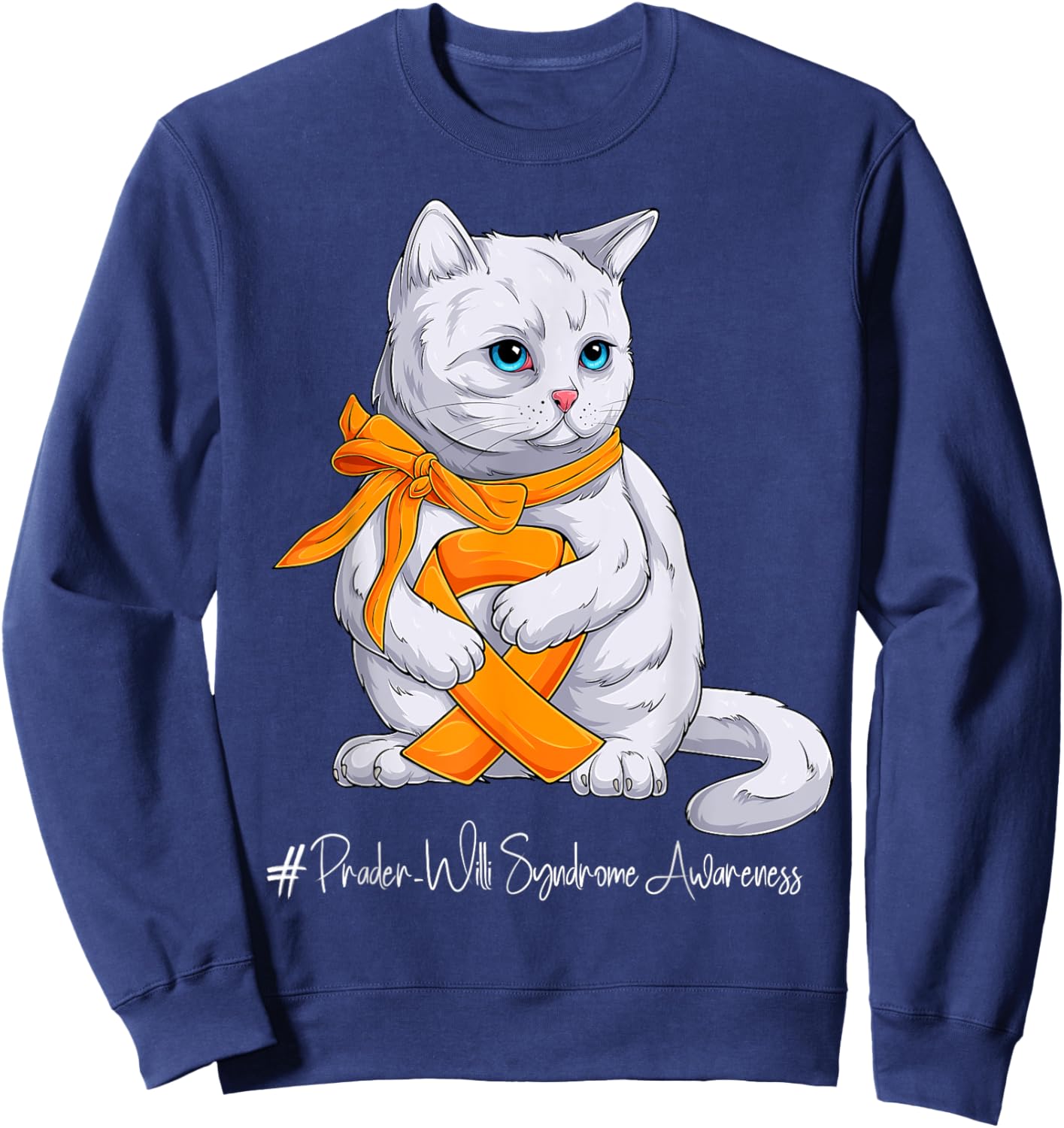 Prader-Willi Syndrome Awareness Month Orange Ribbon Cat Sweatshirt - Sweatshirt | Navy