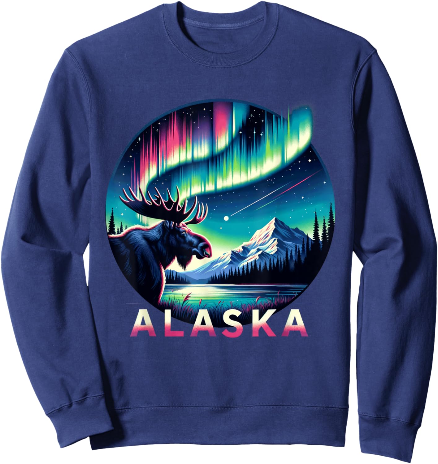 Alaska Northern Lights Aurora Viewing Alaska Vacation Moose Sweatshirt - Sweatshirt | Navy