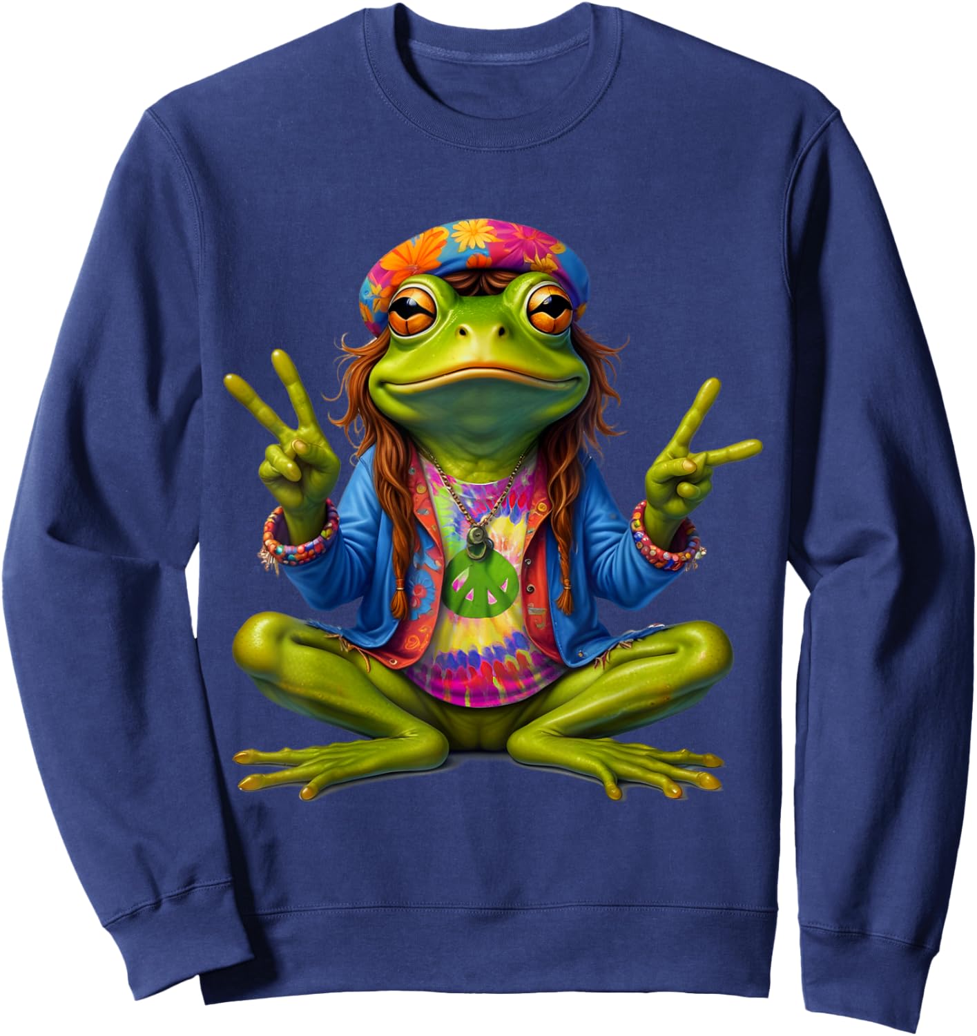 Tie-Dye Frog Peace Sign 60s 70s Hippie Men Women Sweatshirt - Sweatshirt | Navy