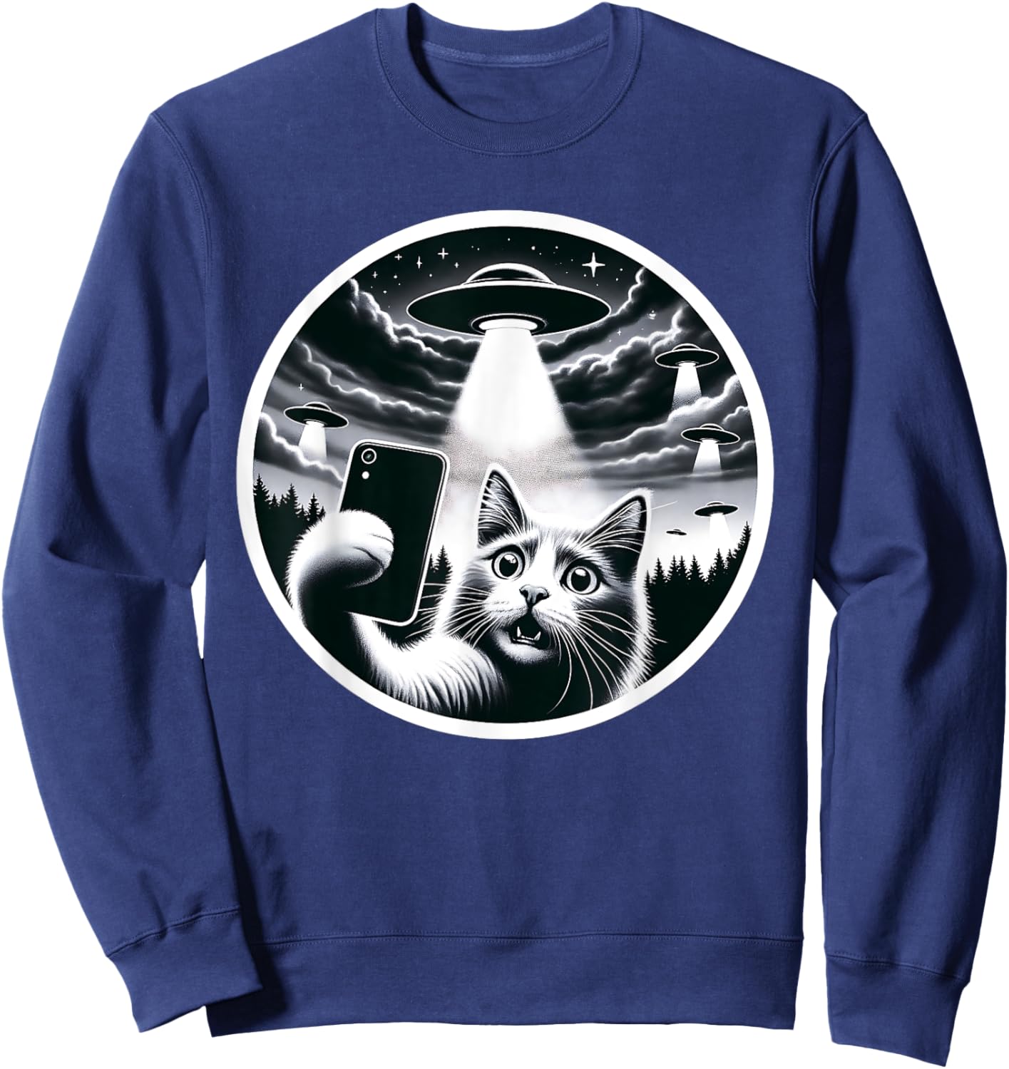 Whisker-ed Away: Cat's Hilarious UFO Abduction Selfie Sweatshirt - Sweatshirt | Navy