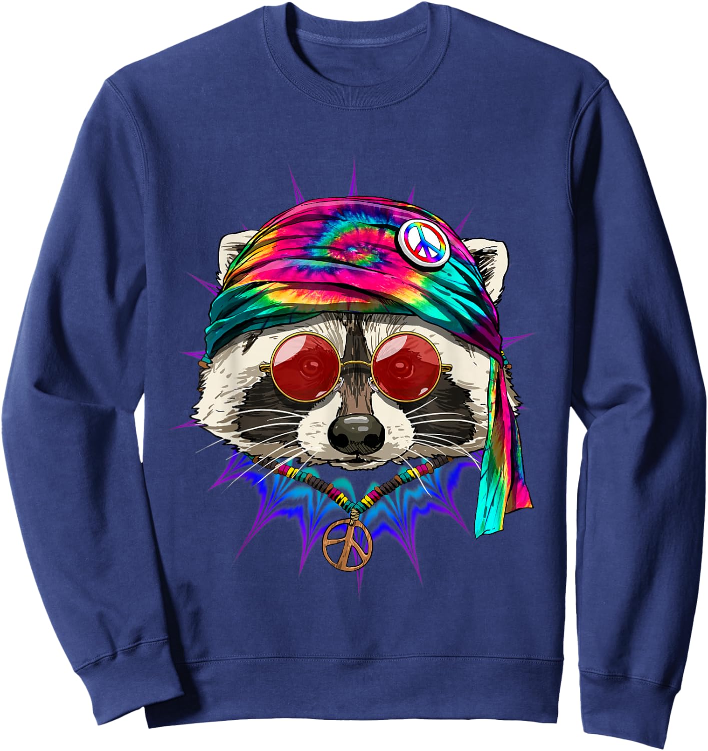 Hippie Raccoon Tie Dye Peace Sign Psychedelic Trash Panda Sweatshirt - Sweatshirt | Navy