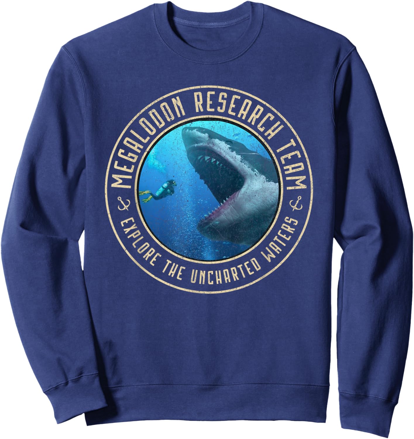 Megalodon Research Team Logo Emblem Dinosaur Shark Sweatshirt - Sweatshirt | Navy