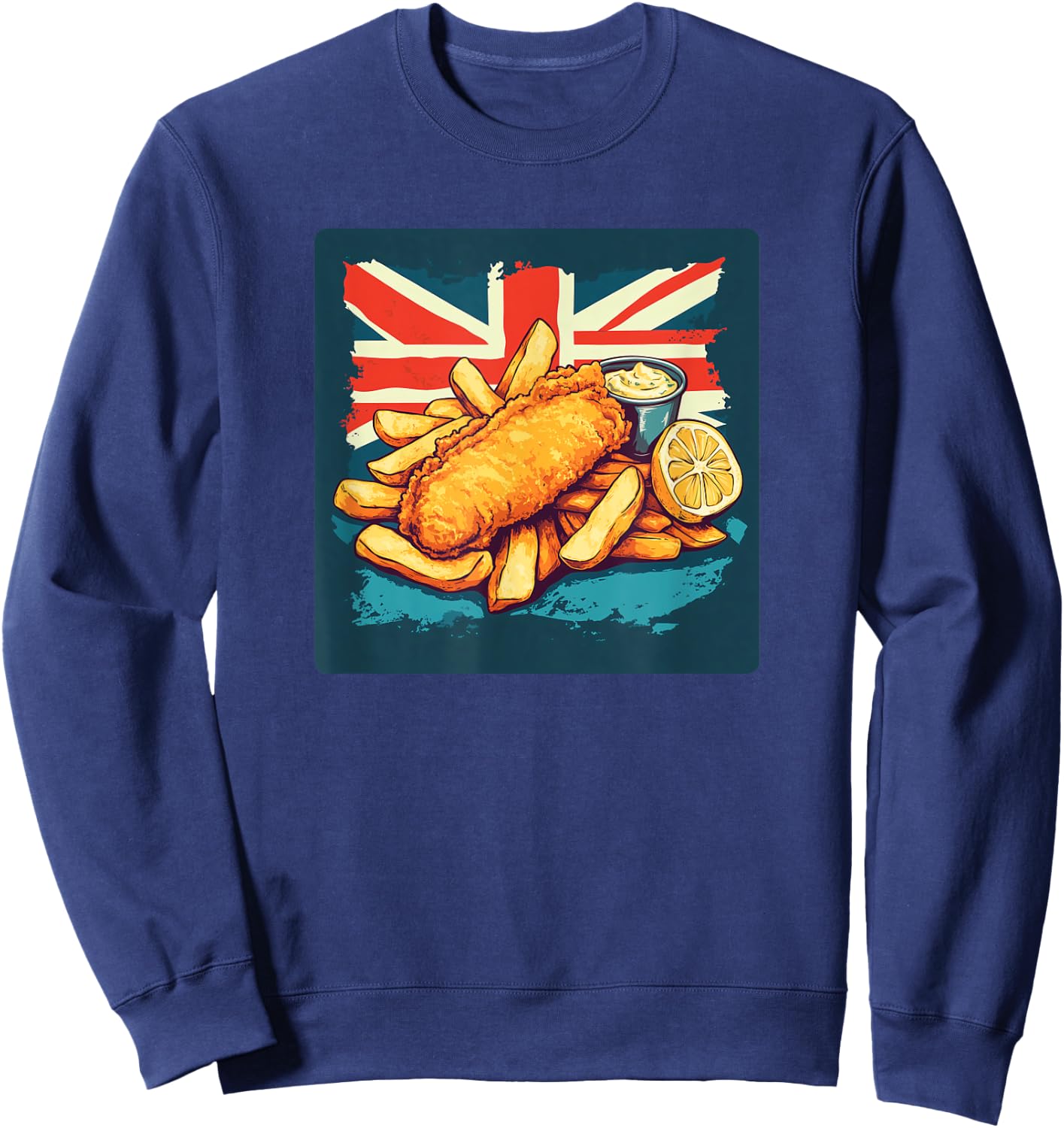 Kawaii Motto Designs Fish and Chips Lover Classic British Food Sweatshirt - Sweatshirt | Navy