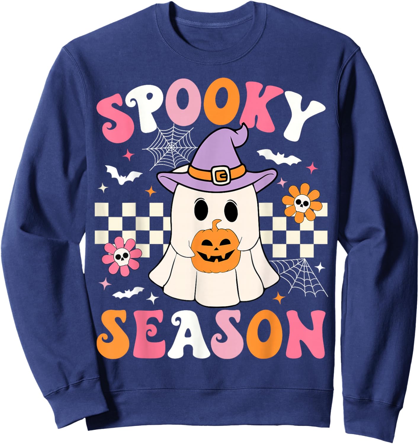 Spooky Season Ghost Holding Pumpkin Groovy Halloween Ghost Sweatshirt - Sweatshirt | Navy