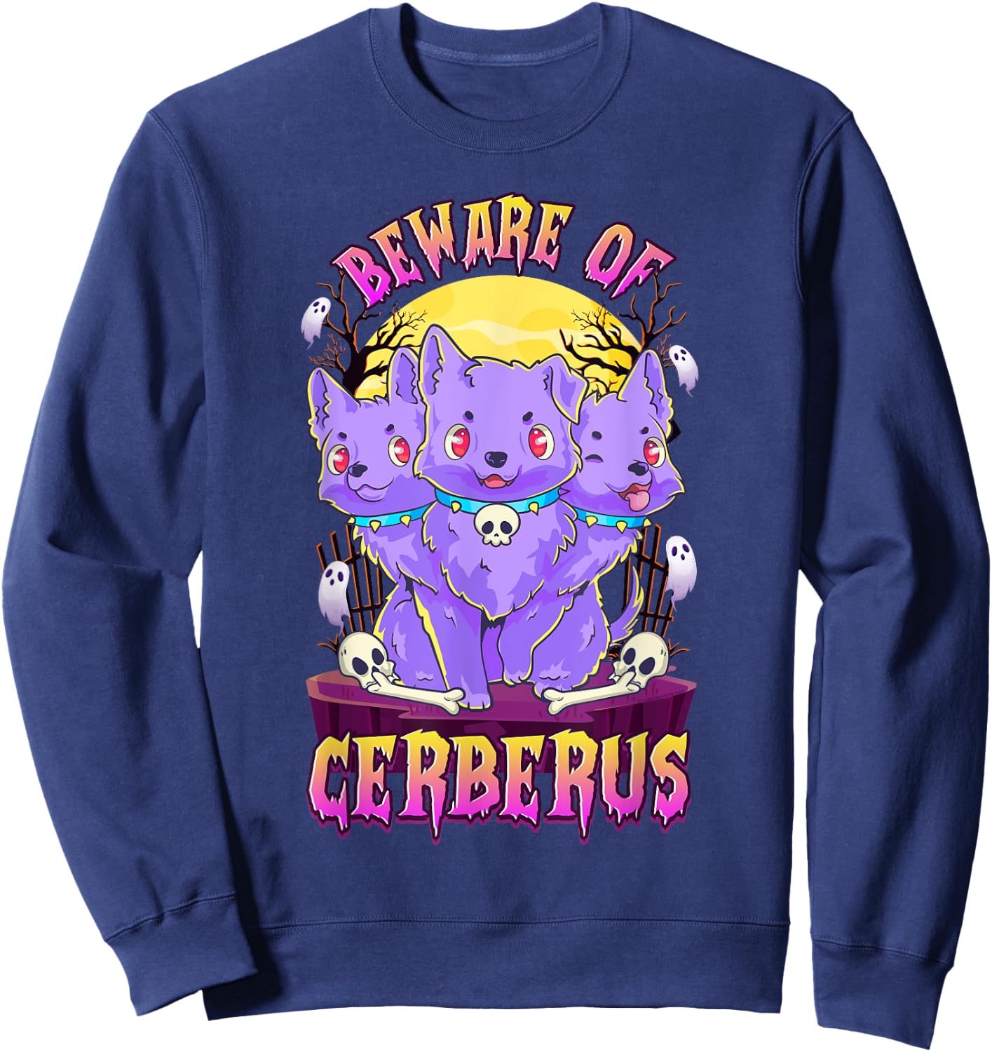 Kawaii Pastel Goth Cute Creepy 3-Headed Dog Funny Cerberus Men Women Sweatshirt - Sweatshirt | Navy