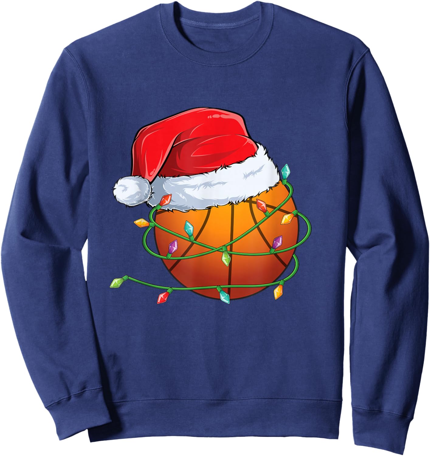 Christmas Basketball Santa Hat wrapped in Holiday Lights Sweatshirt - Sweatshirt | Navy