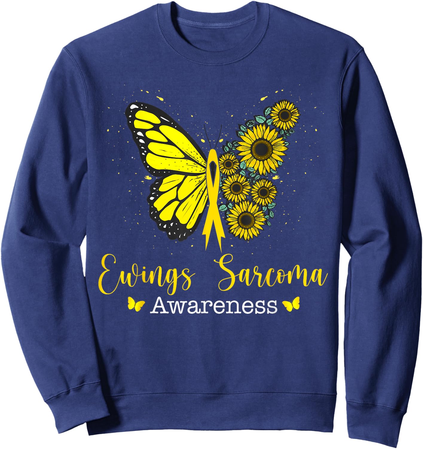 Ewings Sarcoma Cancer Awareness Butterfly & Sunflower Sweatshirt - Sweatshirt | Navy