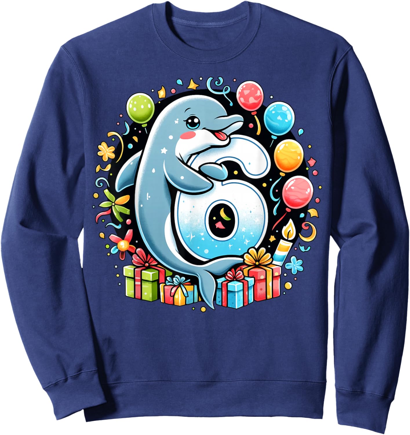Kids Dolphin Theme sixth Bday Party 6th Dolphin Birthday Sweatshirt - Sweatshirt | Navy