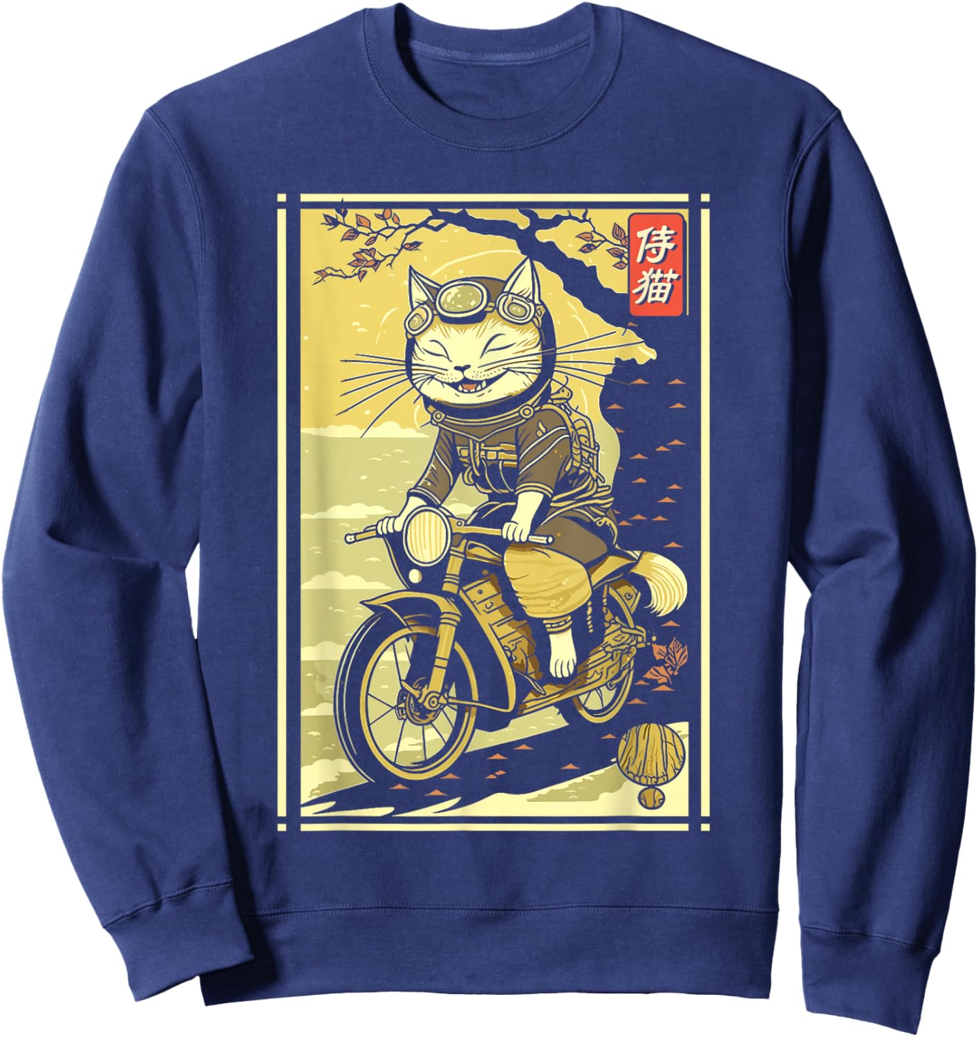 Japanese Samurai Cat on Motorcycle Kawaii Ninja Cat Sweatshirt - Sweatshirt | Navy