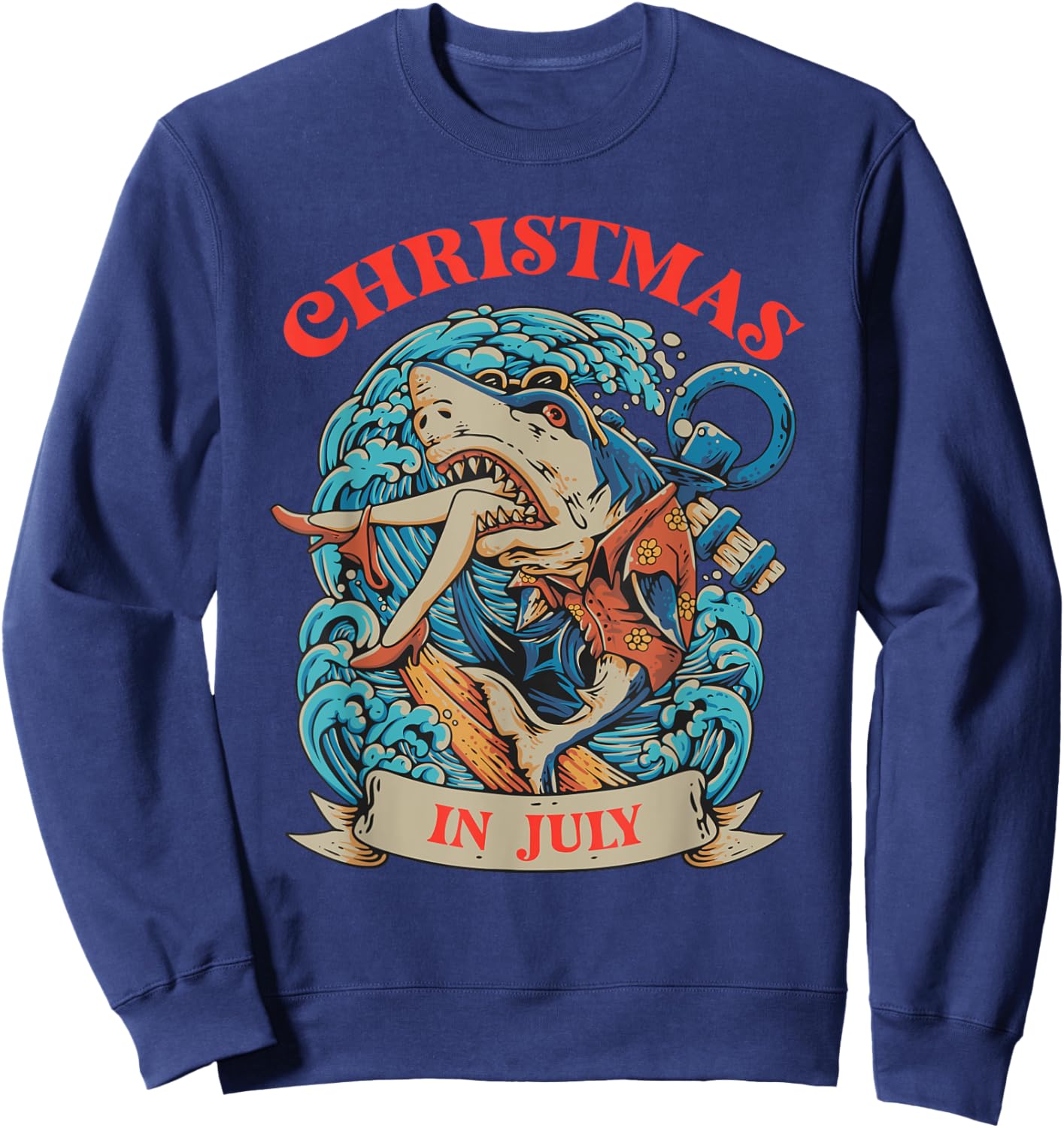 Christmas in July Summer Shark Vacation Xmas Surprise Men Women Kids Sweatshirt - Sweatshirt | Navy