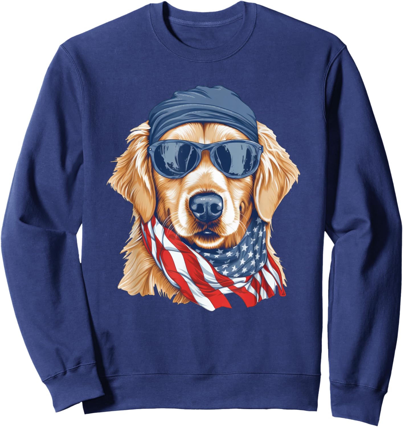 Golden Retriever Sunglasses Bandana Patriotic American Flag Women Kids Men Sweatshirt - Sweatshirt | Navy