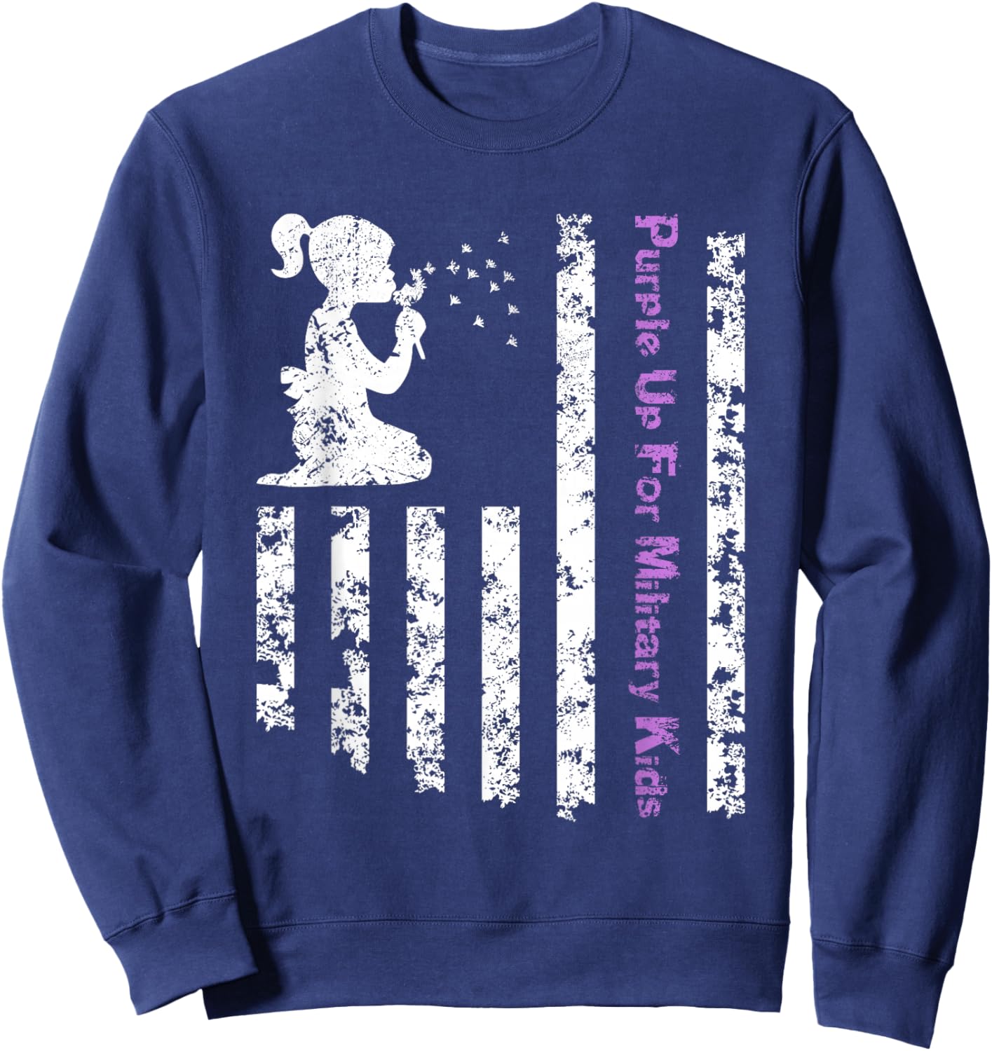 Purple Up For Military Kids Army Child Dandelion US Flag Sweatshirt - Sweatshirt | Navy