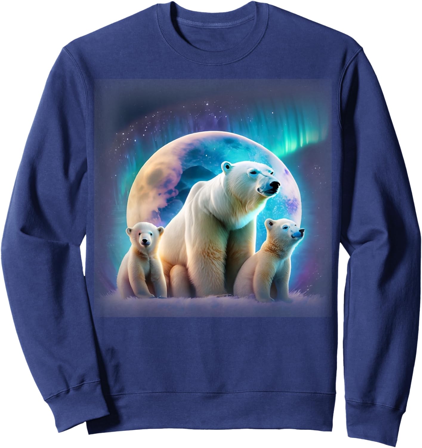 Mother and Baby Polar Bears Under Northern Lights and Moon Sweatshirt - Sweatshirt | Navy