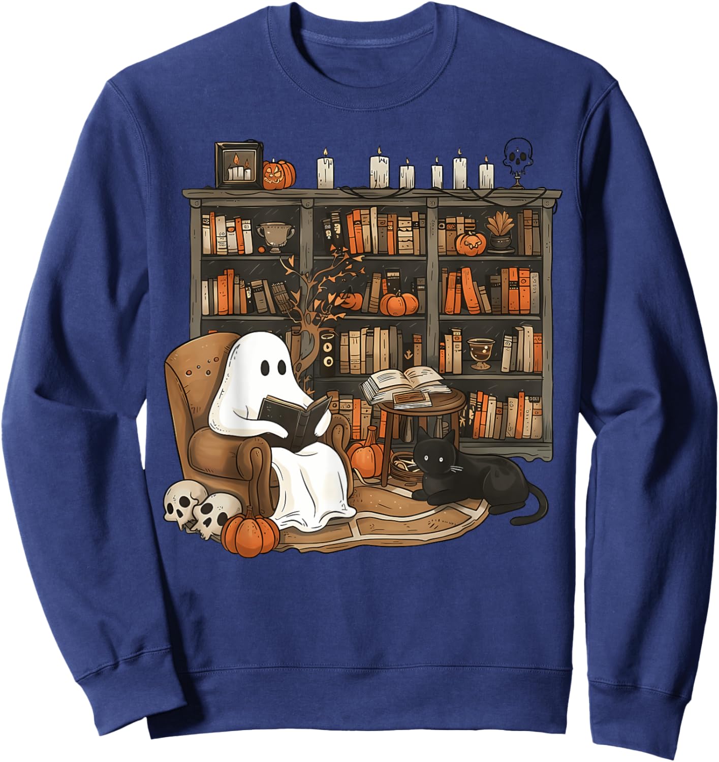 Vintage Ghost Reading Book Lovers Library Halloween Spooky Sweatshirt - Sweatshirt | Navy