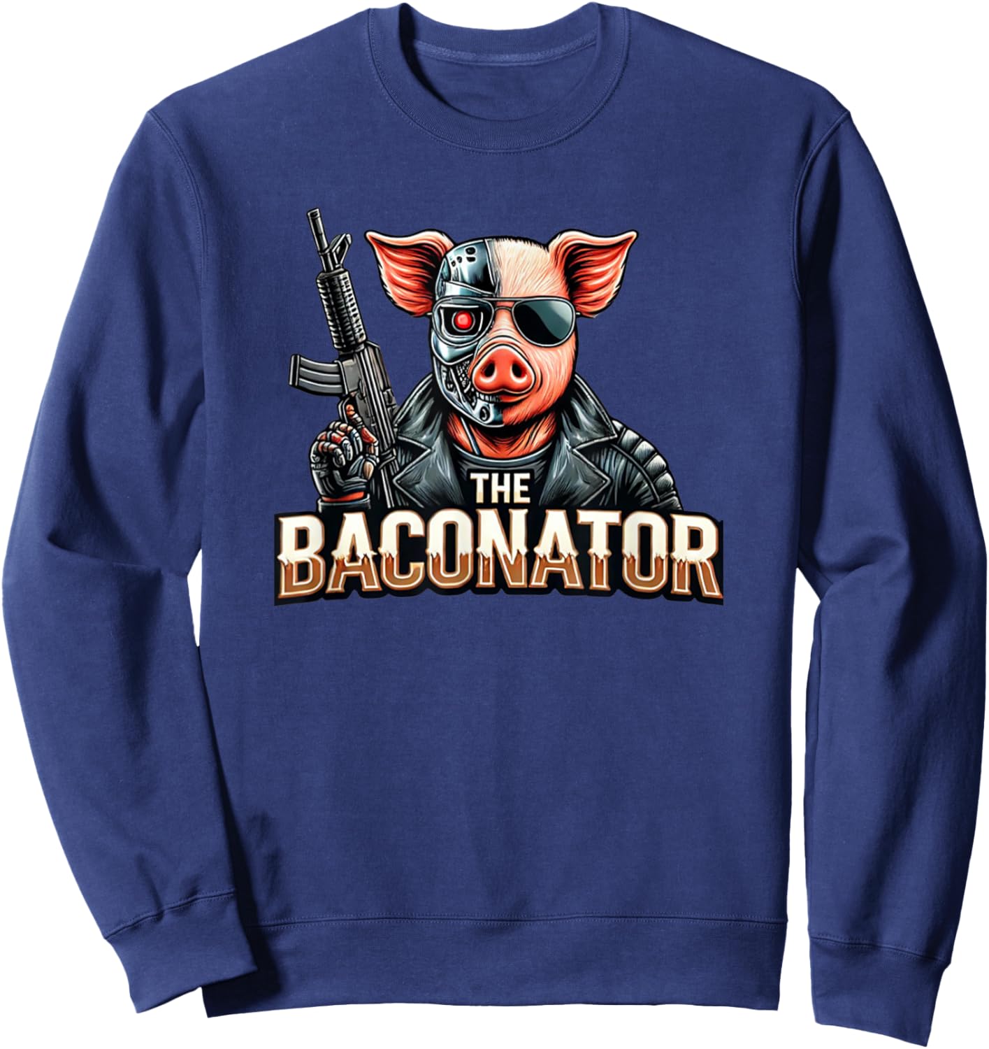 The Baconator Funny Cyborg Pig Action Hero Sweatshirt - Sweatshirt | Navy