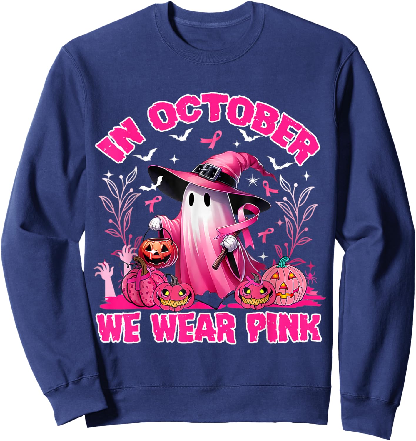 In October We Wear Pink Ghost Witch Breast Cancer Awareness Sweatshirt - Sweatshirt | Navy