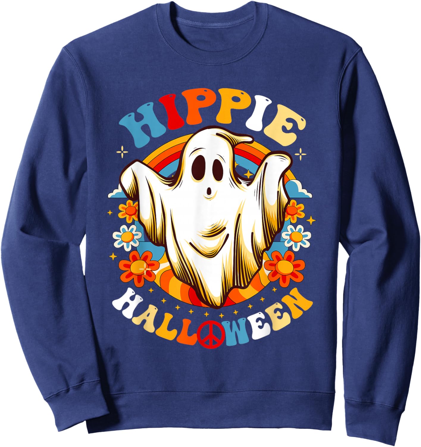 Retro Groovy Peace Hippie Halloween Vintage Floral Ghost Sweatshirt - Sweatshirt | Navy