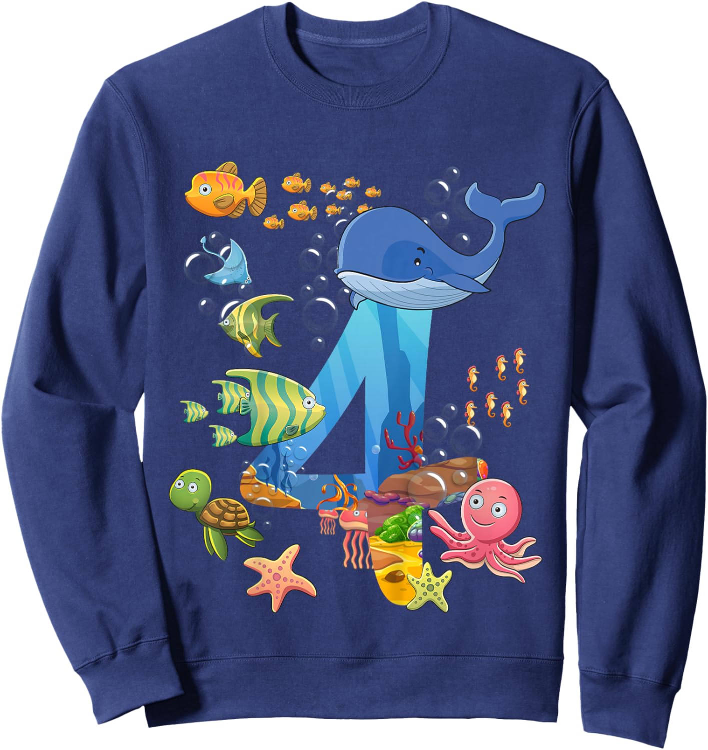 Kids 4 Years Old Sea Fish Ocean Animal 4th Birthday Boy Girl Sweatshirt - Sweatshirt | Navy