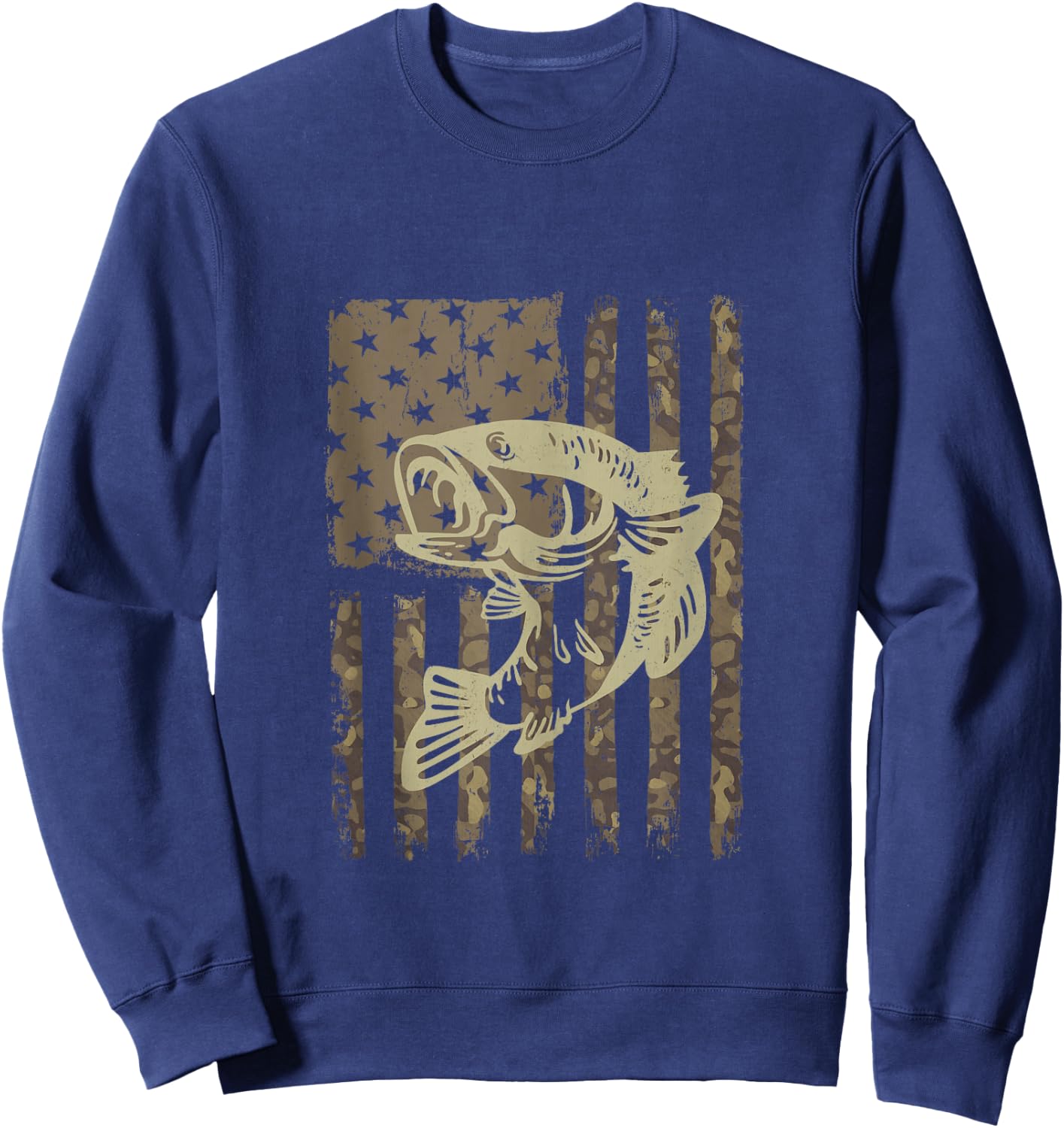 Camouflage USA Flag Big Mouth Bass Vintage Fishing Sweatshirt - Sweatshirt | Navy