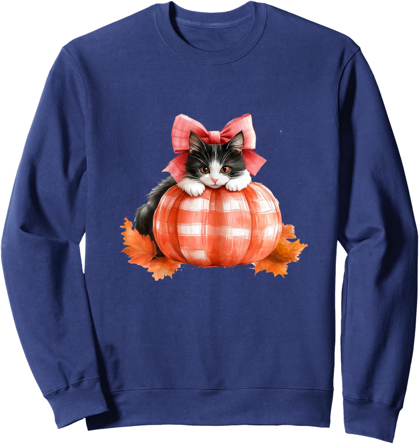 Cute Halloween Pumpkin Cat Pink Fall Plaid Thanksgiving Girl Sweatshirt - Sweatshirt | Navy