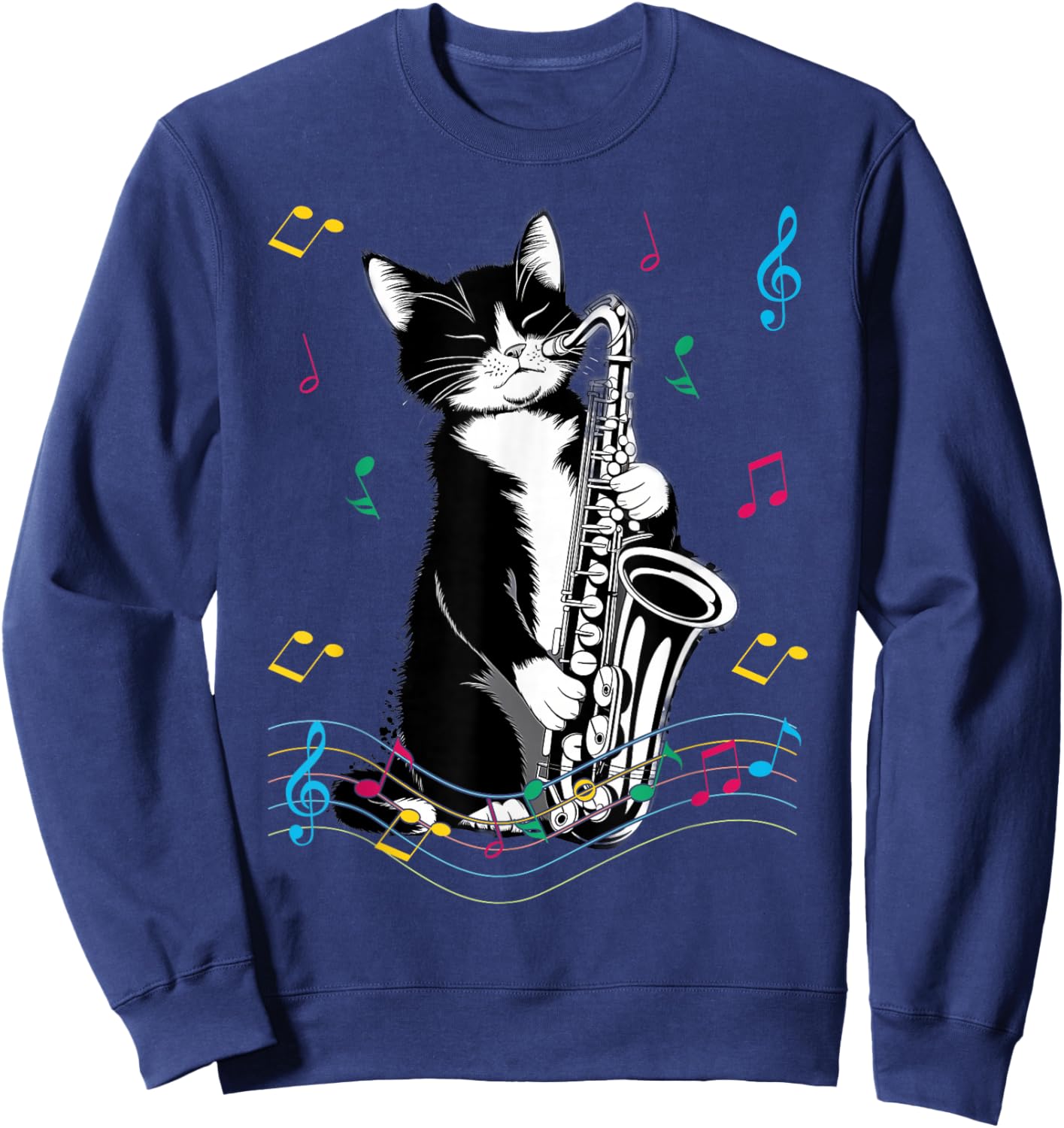Cat Playing Saxophone Funny Cat Jazz Sax Music Saxophonist Sweatshirt - Sweatshirt | Navy