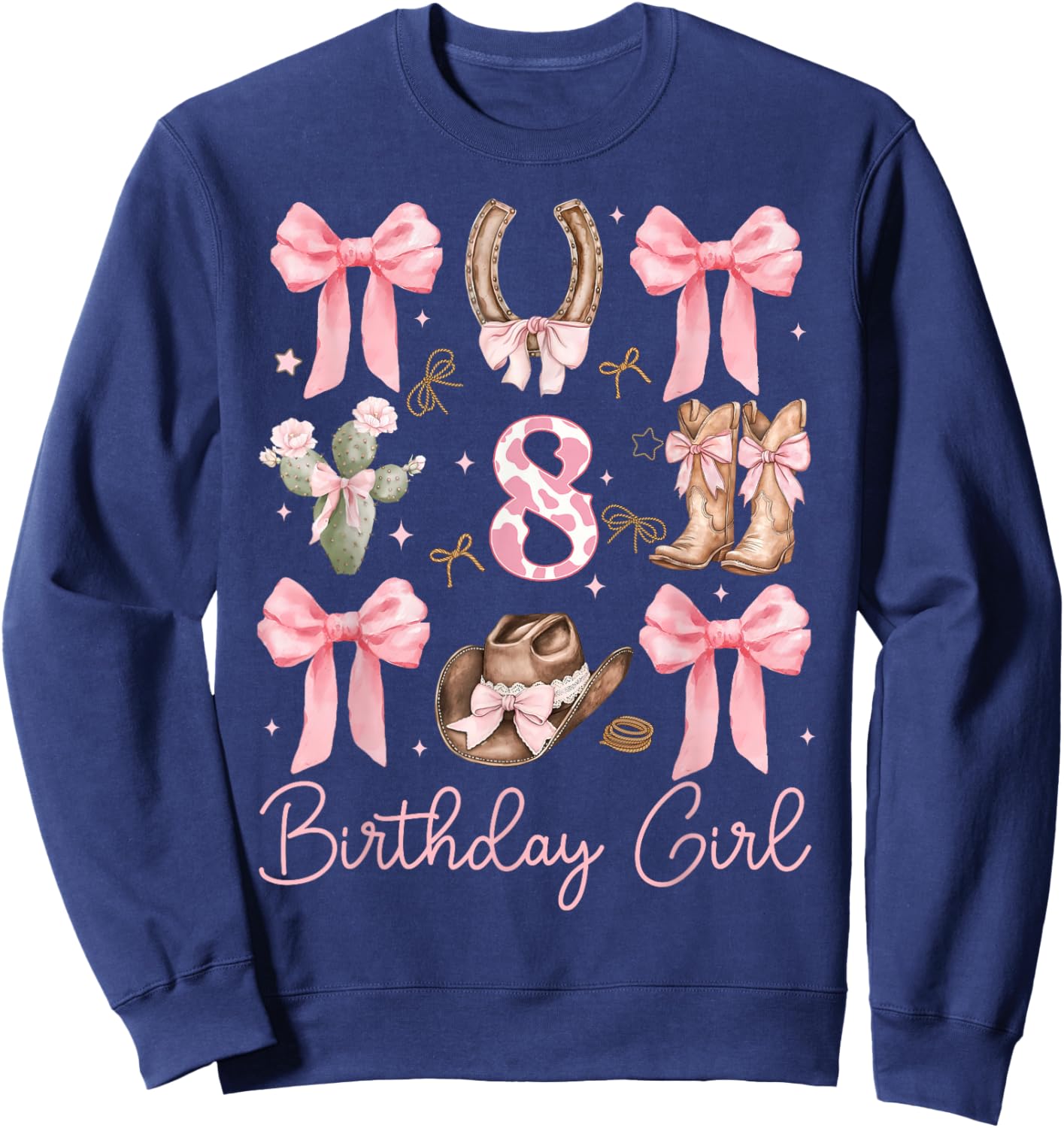 8th Birthday Girl Cowgirl Coquette Bow 8 Year Old Western Sweatshirt - Sweatshirt | Navy