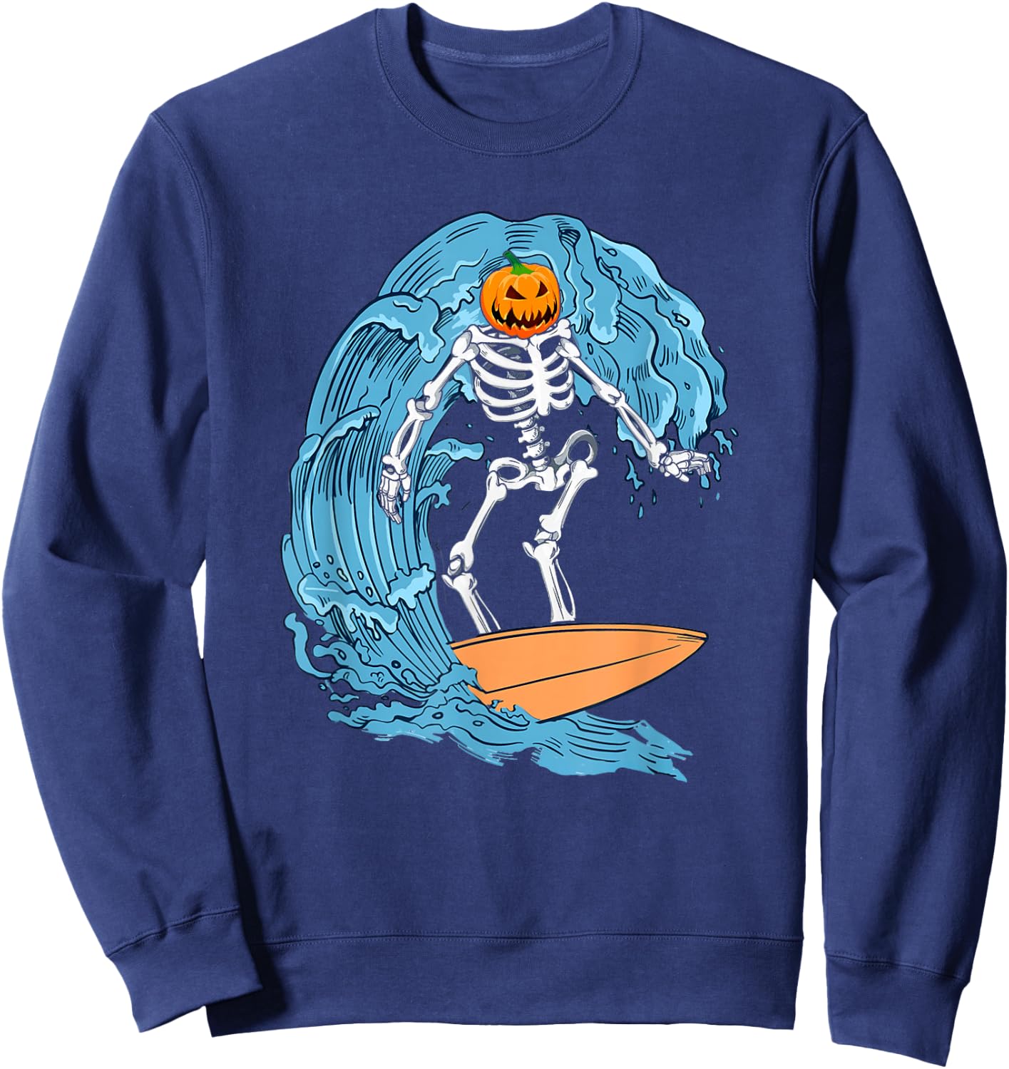 Skeleton Surfing Halloween Pumpkin Surfer Sweatshirt - Sweatshirt | Navy