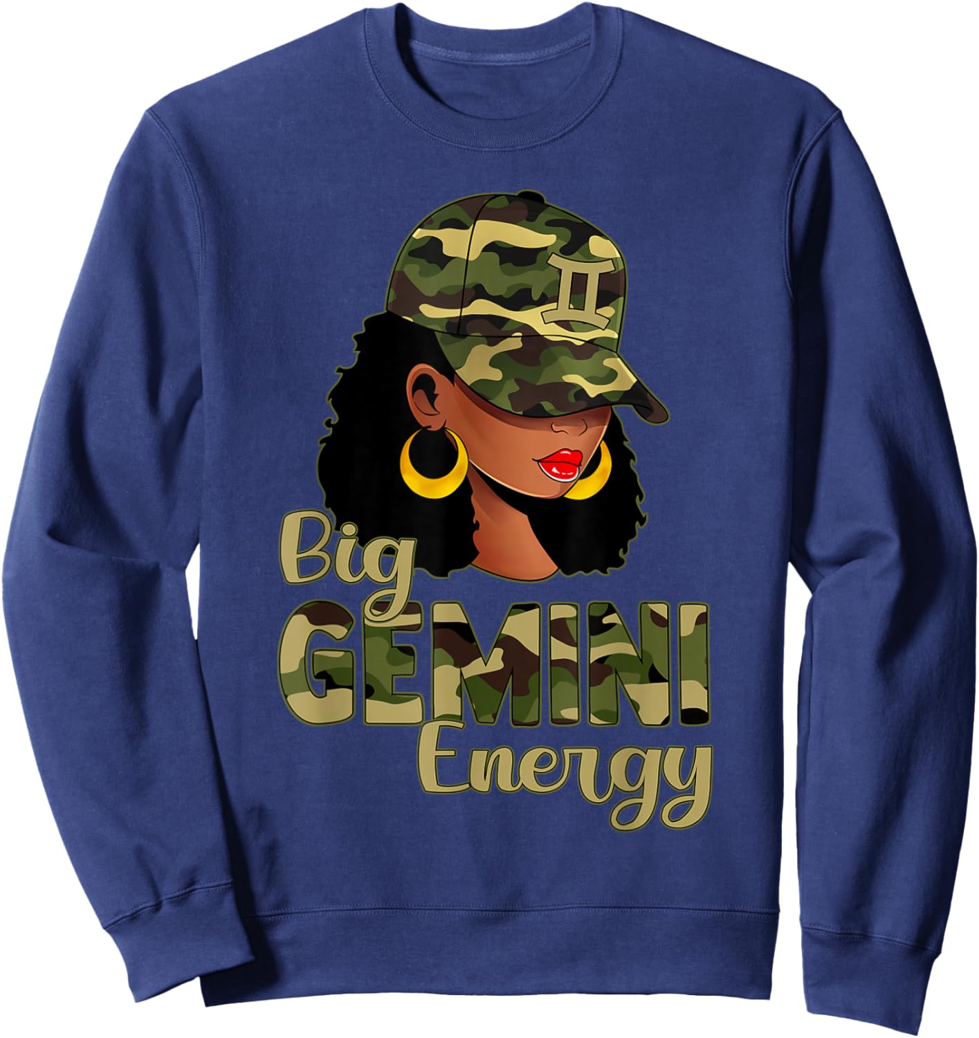 Big Gemini Energy Black Woman Camo Cap Hat Zodiac Sign Sweatshirt - Sweatshirt | Navy
