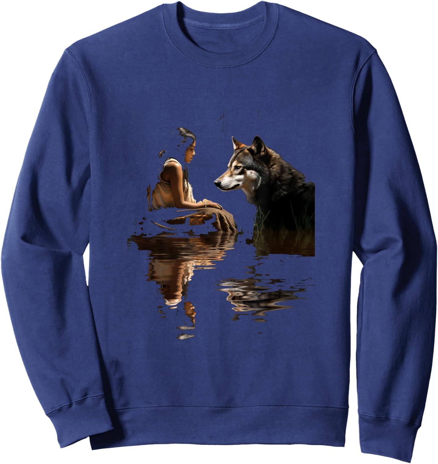 Native American Woman Girl and Wolf In The Lake Indian Sweatshirt - Sweatshirt | Navy