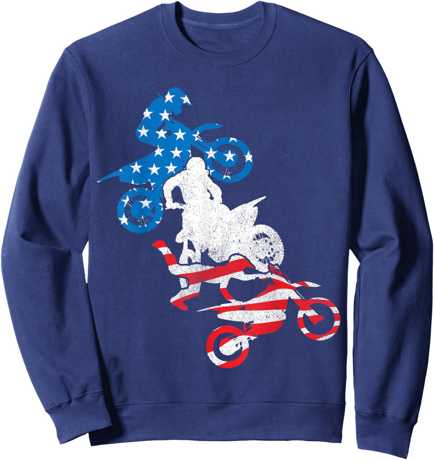Dirt Bike Rider Blue White Red US Flag Motocross 4th of July Sweatshirt - Sweatshirt | Navy