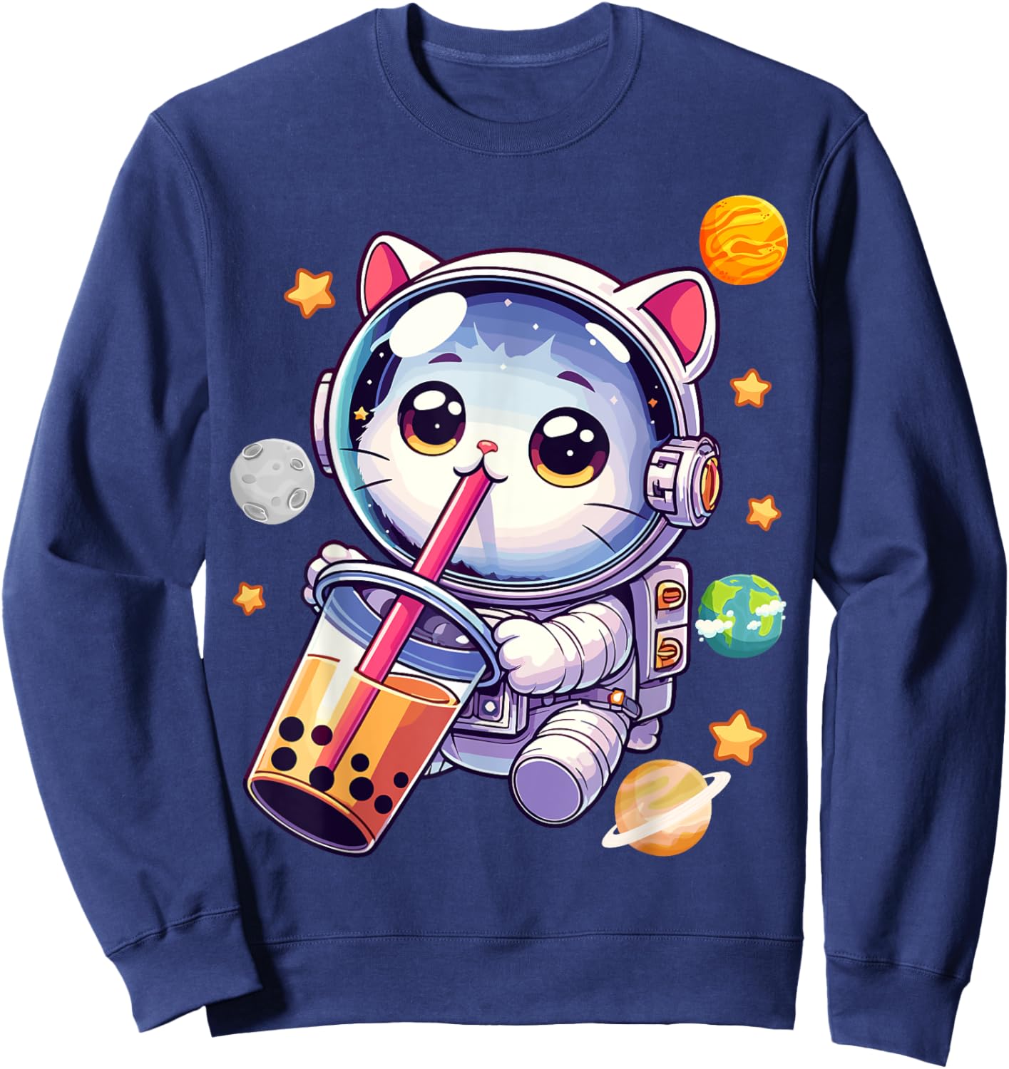 Space Cat Astronaut Boba Tea Boba Cat Galaxy Cute Anime Women Kids Sweatshirt - Sweatshirt | Navy
