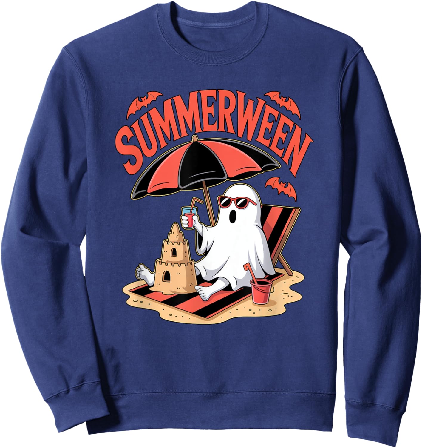 Ghost Summerween Sandcastle Beach Halloween Summer Scary Fun Sweatshirt - Sweatshirt | Navy