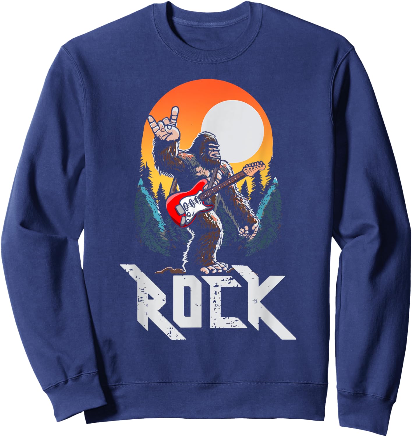 Rock! Sasquatch Rock & Roll Bigfoot Electric Guitar Rock On Sweatshirt - Sweatshirt | Navy