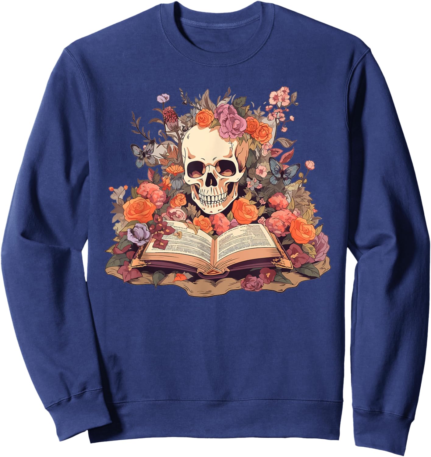 Book Reading Skull Skeleton Flowers Floral Bookish Butterfly Sweatshirt - Sweatshirt | Navy
