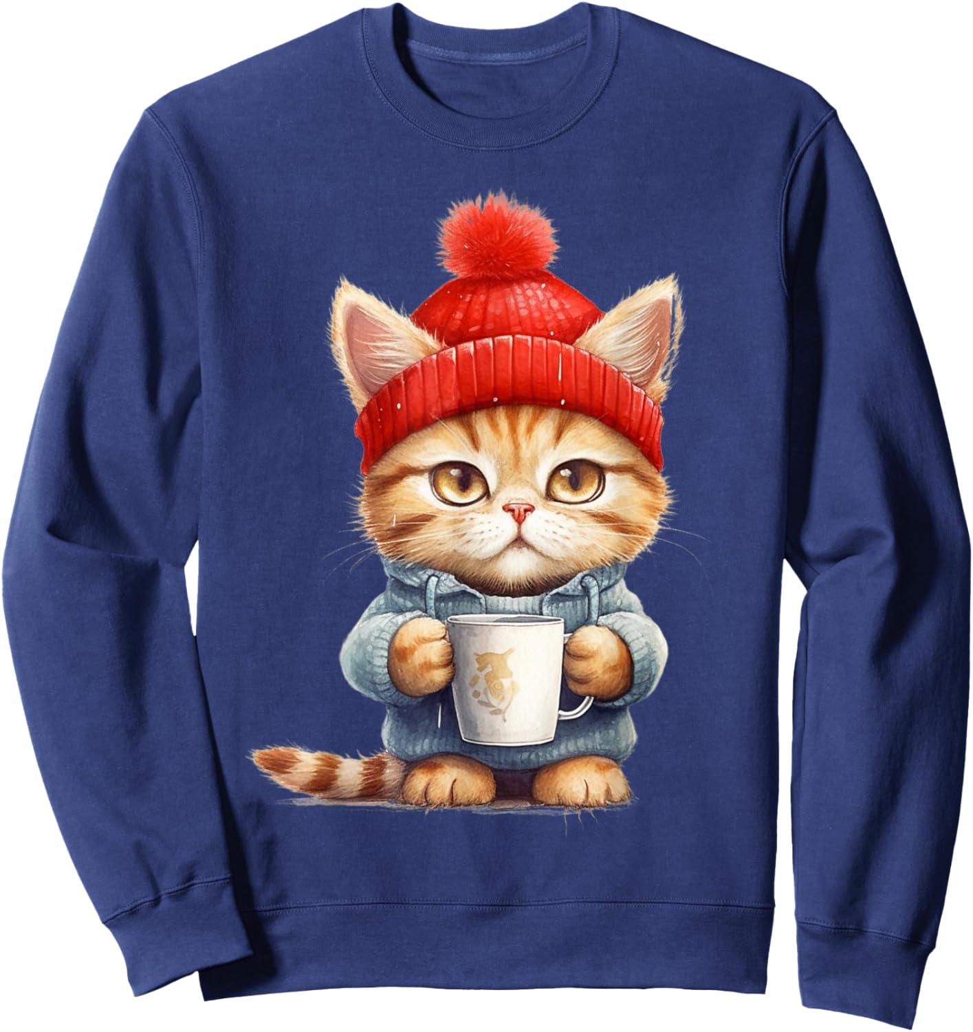 Cute kitten with his mug - La petit chat's coffee break Women Girls Kids Sweatshirt - Sweatshirt | Navy